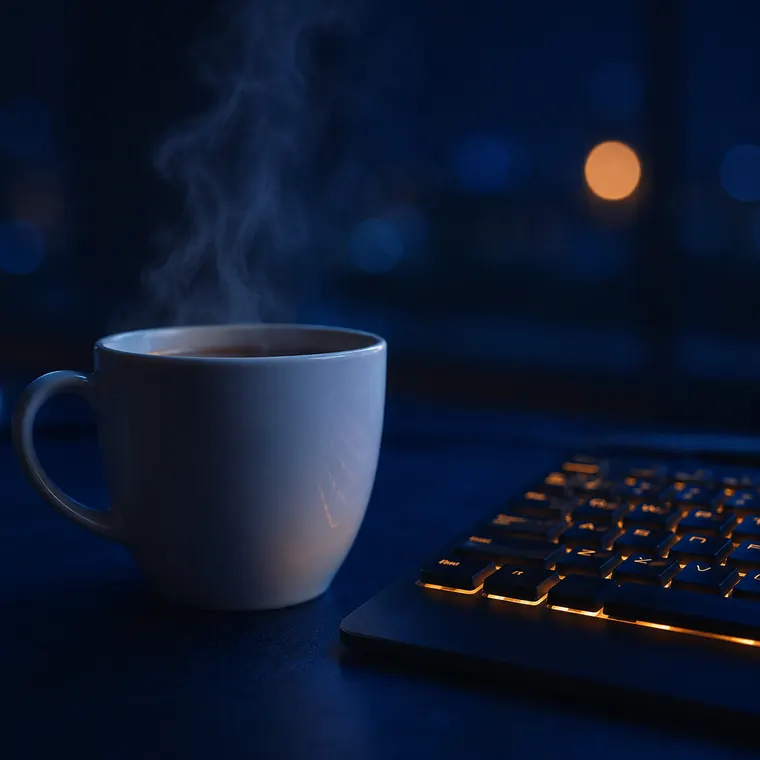 Taza de café humeante junto a un teclado mecánico iluminado en ámbar