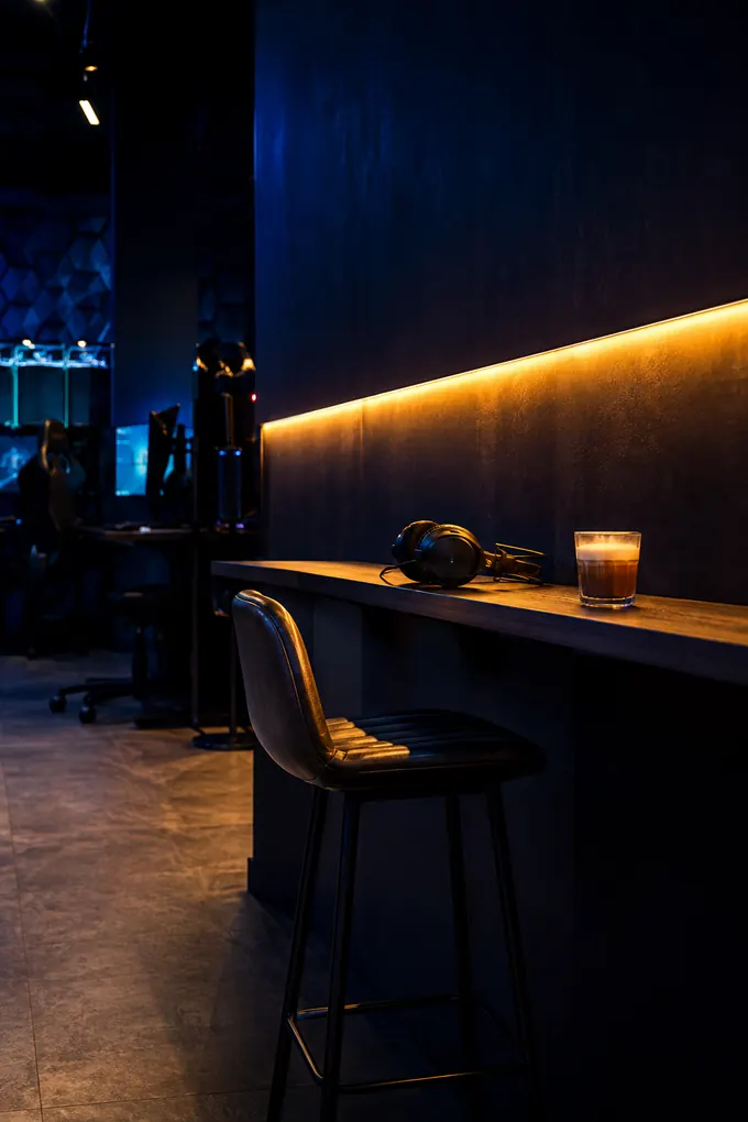 Puesto individual con auriculares y café sobre la barra, iluminado en tono ámbar