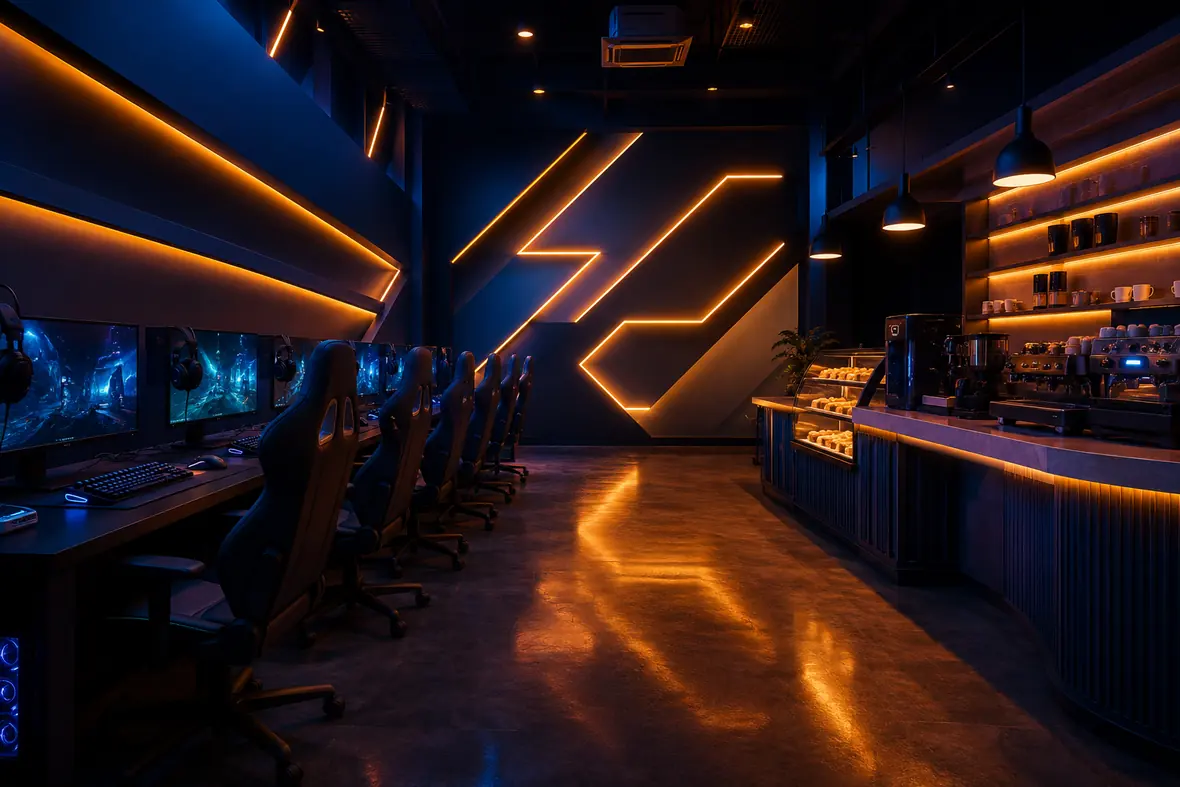 Sala de estar con sillones y pantallas grandes iluminada en tonos ámbar, parte del local actual