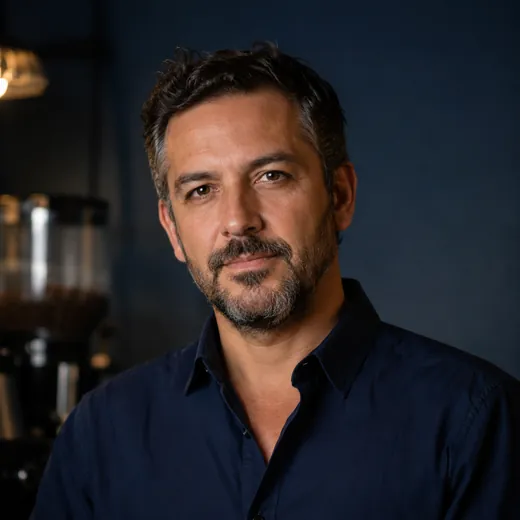 Nicolás Ferreyra, fundador de Café Gamer Arg, frente a la máquina de café del local